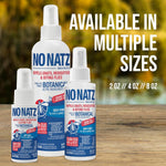 Three sizes of No Natz spray bottles displayed on a wooden surface with text ‘available in multiple sizes’