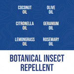 Blue panel listing botanical ingredients like coconut, citronella, lemongrass, geranium and rosemary oils