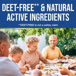Text banner reading DEET-FREE & NATURAL ACTIVE INGREDIENTS above photo of people dining outdoors