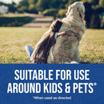 Child hugging a large dog in a sunlit grassy park above text stating suitable for use around kids & pets