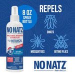 No Natz bottle beside graphic icons for gnats, mosquitoes and biting flies with 8 oz callout
