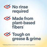 Text graphic listing product benefits: no rinse required, plant-based fibers, tough on grease