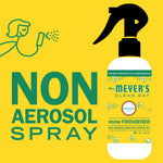 Graphic ad panel with large 'NON AEROSOL SPRAY' text and illustrated Mrs. Meyer’s honeysuckle spray bottle