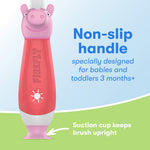 Close view of the non-slip pink and red First Firefly toothbrush handle with Peppa Pig character and suction cup base illustration