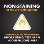 Graphic stating 'Non-staining to most home siding' with a caution icon and testing recommendation on a dark background.