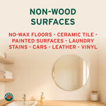 Graphic titled ‘Non-Wood Surfaces’ with examples listed and a tiled bathroom vanity image