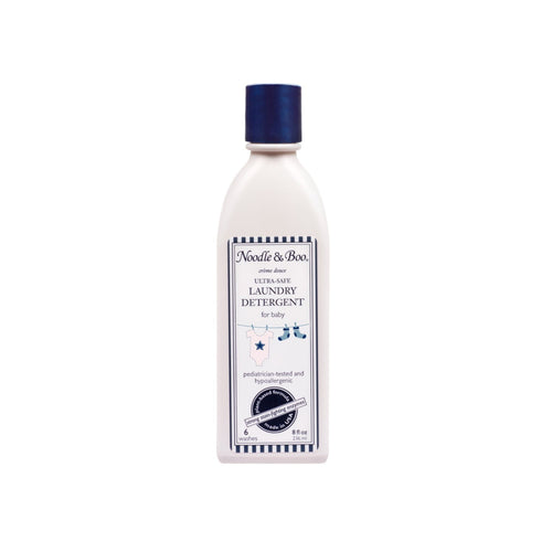 Noodle & Boo white bottle of ultra-safe laundry detergent with blue label and cap