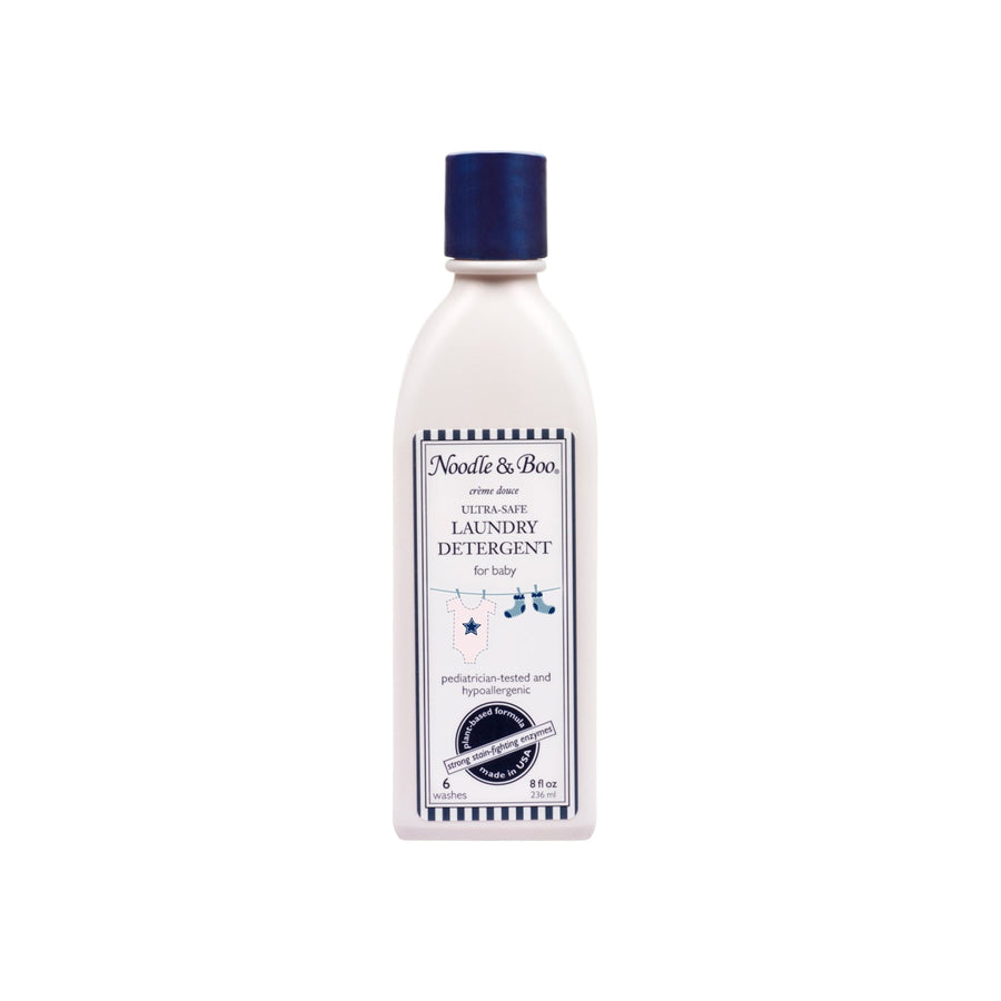 Noodle & Boo white bottle of ultra-safe laundry detergent with blue label and cap
