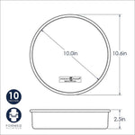 Line-drawn specification diagram of a 10-inch Nordic Ware round cake pan showing 10.0in diameter and 2.5in depth