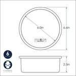 Technical diagram of a Nordic Ware round cake pan showing 6.0in internal diameter, 6.6in outer diameter and 2.5in depth