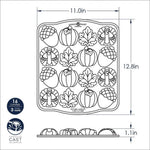 Line drawing diagram of the Nordic Ware cakelet pan with overall dimensions, cavity profile and premium cast aluminum badge