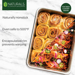 Branded infographic showing Nordic Ware Naturals pan with cinnamon rolls and savory dish and product callouts
