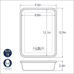 Technical line drawing with measurements and side profile of a Nordic Ware 9x13 aluminum baking pan