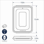 Black line diagram showing top and side views of a rectangular pan with lid, labeled dimensions 9.8in by 13.6in and 2.0in depth.