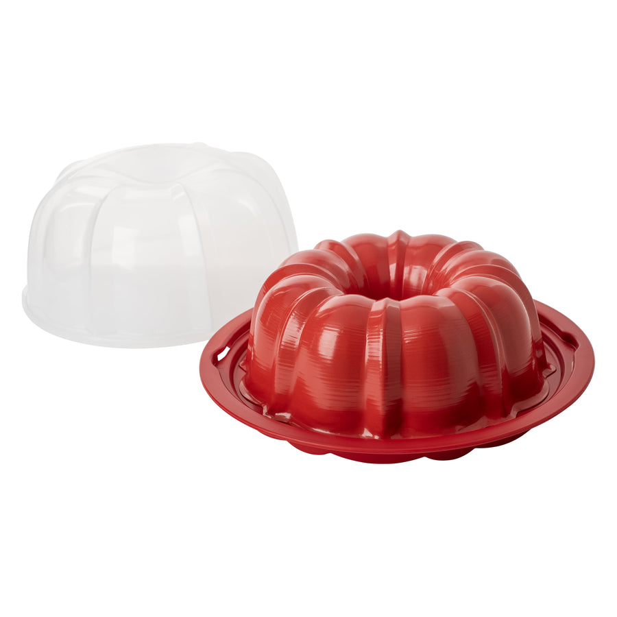 Red Nordic Ware style bundt pan set shown with a clear plastic cake keeper lid against a white background.