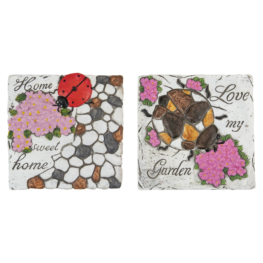 Pair of Northlight square decorative garden stones with pink flowers, ladybug and scripted 'Home sweet home' and 'Love my Garden' text.