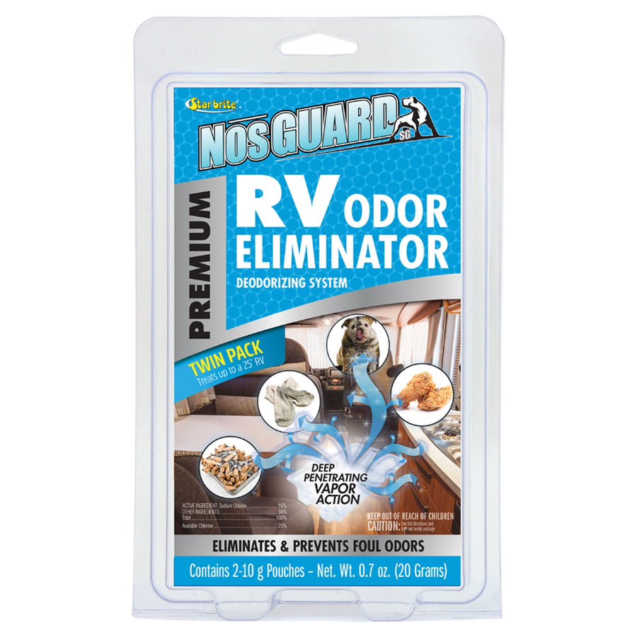 Clamshell blister pack showing NosGuard RV Odor Eliminator packaging with blue label and product graphics