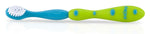 Blue-and-green infant toothbrush with white bristles on the head and a textured green grip on the handle