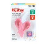 Retail blister pack of Nuby NanaNubs banana massaging toothbrush in pink with branding and icons