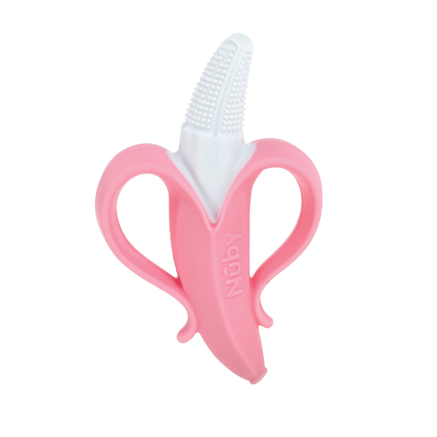 Pink Nuby NanaNubs banana-shaped infant massaging toothbrush on white background