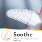 Close-up of the white silicone textured massaging tip of a Nuby NanaNubs banana toothbrush