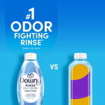 Comparison graphic with Downy Rinse Out Odor bottle labeled ‘#1 Odor Fighting Rinse’ versus generic bottle