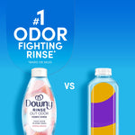 Comparison graphic labeling Downy as '#1 Odor Fighting Rinse' showing the Downy bottle versus a generic bottle silhouette