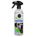 Clear spray bottle of Nuvera plant-based microwave cleaner and degreaser with front label visible
