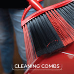 Close-up detail of O-Cedar broom bristles and plastic cleaning comb area above a red dustpan