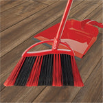 O-Cedar broom and matching red dustpan positioned on wood plank floor showing bristle profile and handle