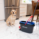 Kitchen scene with an O-Cedar RinseClean bucket and mop on a marble floor and a yellow Labrador sitting nearby
