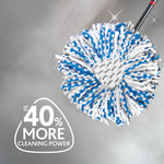 Close-up of O-Cedar round mop head with blue and white microfiber strands and sparkle highlights over a grey floor