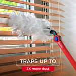O-Cedar red handle and white refill dusting horizontal window blinds, with text about trapping dust