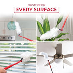 Collage of O-Cedar duster being used on light fixture, plant, blinds and ceiling fan for every surface