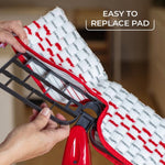 Close-up of hands removing and replacing the reusable O-Cedar microfiber pad from the mop frame with 'EASY TO REPLACE PAD' text
