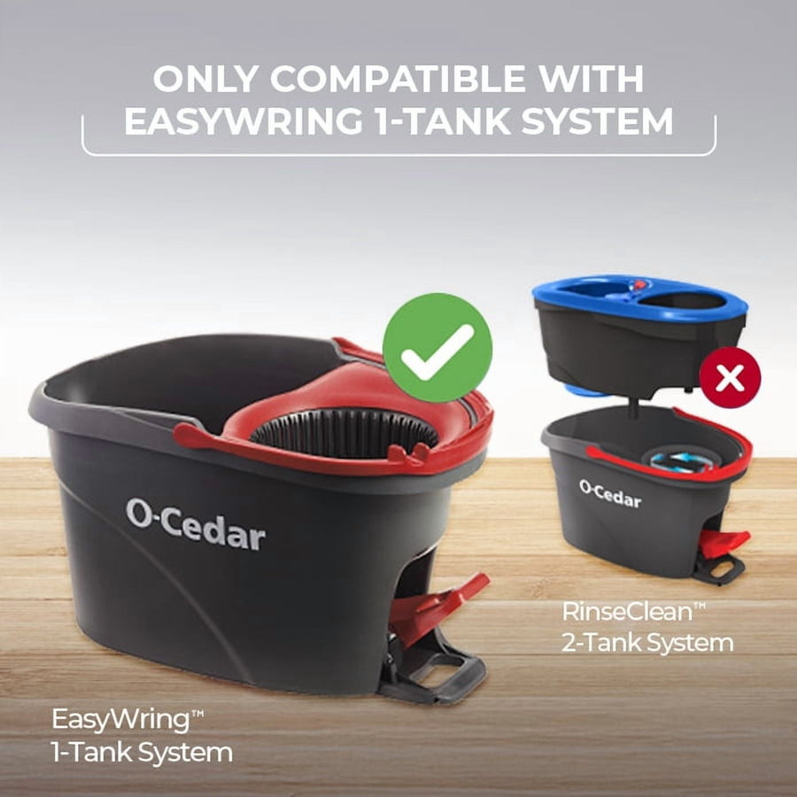 O-Cedar EasyWring mop bucket comparison graphic showing 1-tank system with check and 2-tank system with X