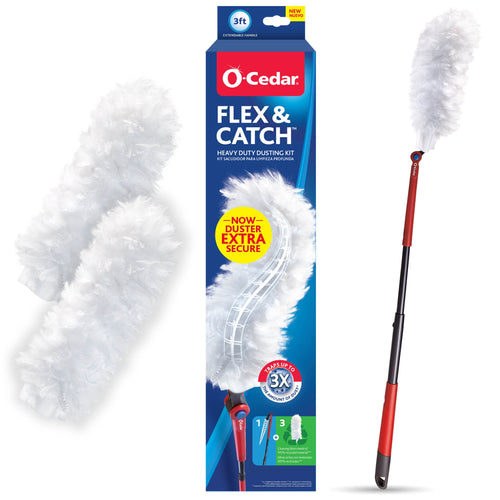 O-Cedar Flex & Catch kit packaging and assembled red telescoping wand with white fluffy duster head and three refills