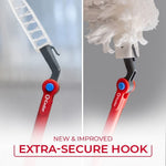 Close-up of red O-Cedar mop handle joint with white fluffy refill attached and detached