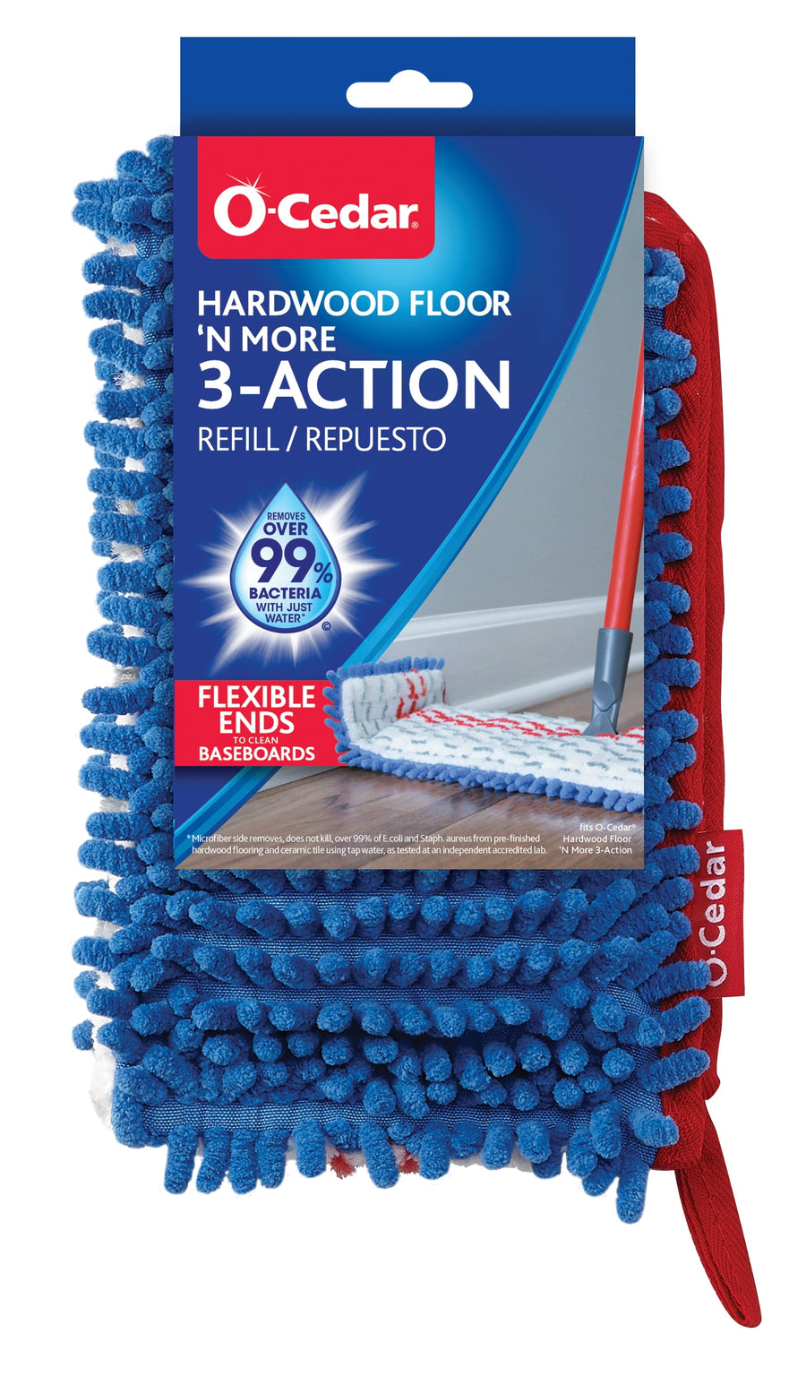 Packaged O-Cedar Hardwood Floor 'N More 3-Action replacement mop head with blue chenille fibers and branded hang card