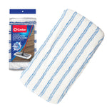 Loose white microfiber mop pad with blue stripes shown alongside its packaged refill pouch