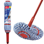 Close-up of O-Cedar MicroTwist MAX blue-and-white twisted microfiber mop head and red handle