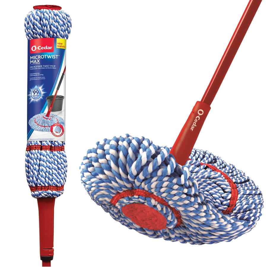 Close-up of O-Cedar MicroTwist MAX blue-and-white twisted microfiber mop head and red handle