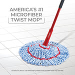 O-Cedar MicroTwist MAX mop on tiled floor with promotional text claiming America’s #1 microfiber twist mop
