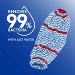 Close-up graphic of blue-and-white twisted microfiber mop head with text 'Removes 99% bacteria with just water'