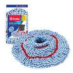 Loose O-Cedar MicroTwist MAX blue-and-white microfiber mop refill beside its retail package on white background