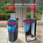Side-by-side product graphic showing O-Cedar mop bucket with wringing slot and a microfiber mop pad being wrung out