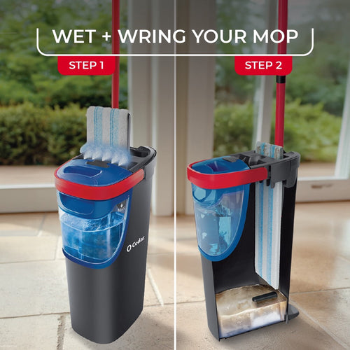 Side-by-side product graphic showing O-Cedar mop bucket with wringing slot and a microfiber mop pad being wrung out
