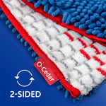 Close-up of O-Cedar two-sided mop head showing blue chenille side, white textured microfiber side and O-Cedar tag