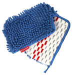 O-Cedar replacement mop head laid flat showing blue chenille side and white microfiber pattern with red stitches