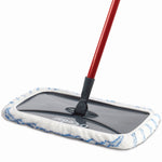 Close-up of O-Cedar mop head and swivel joint with red handle and white-blue microfiber cover